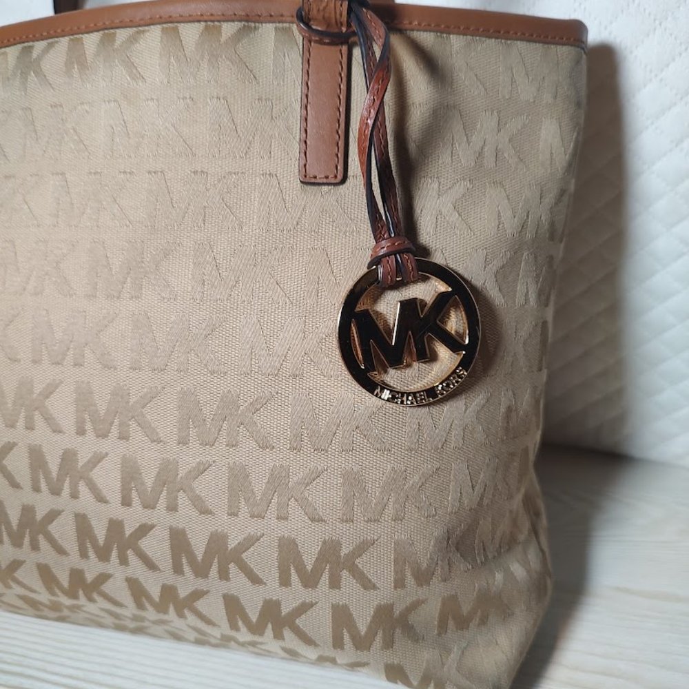 Michael Kors Brown/Tan Monogram Tote w/badge